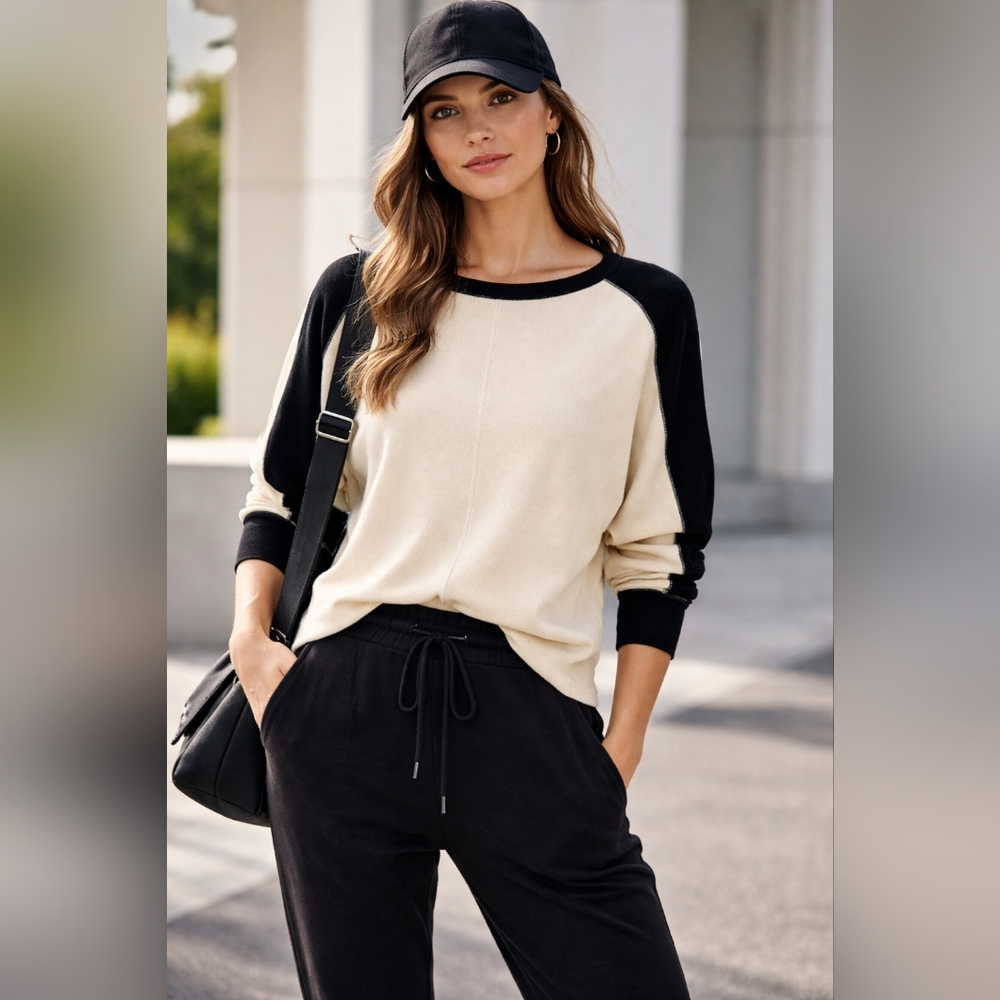 L-RL Ralph Lauren Active Waffle Knit Dolman Sleeve Colorblock Top - Cream Black